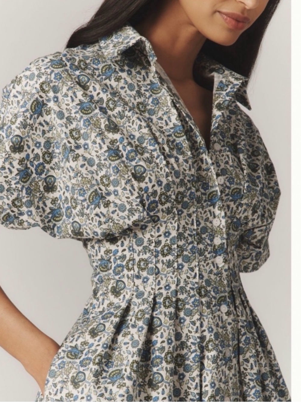 Anthropologie Exquise Floral Puff Sleeve Button Front Dress - Blue & Green Print